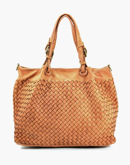 Rückansicht der cognac braun geflochtenen Handtasche Cestino, moderne Damen Schultertasche aus echtem italienischen Leder
