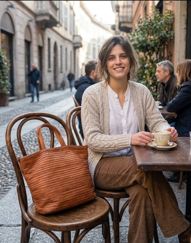 Lifestyle-Aufnahme einer Henkeltasche Shopper Leder in Cognac beim Stadtbummel, kombiniert mit einem Casual-Vintage-Outfit.