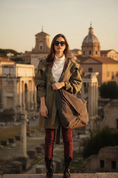Lässige graue Damen Canvas Hobo-Tasche, getragen als bequeme Crossbody-Bag im modernen Urban-Style.