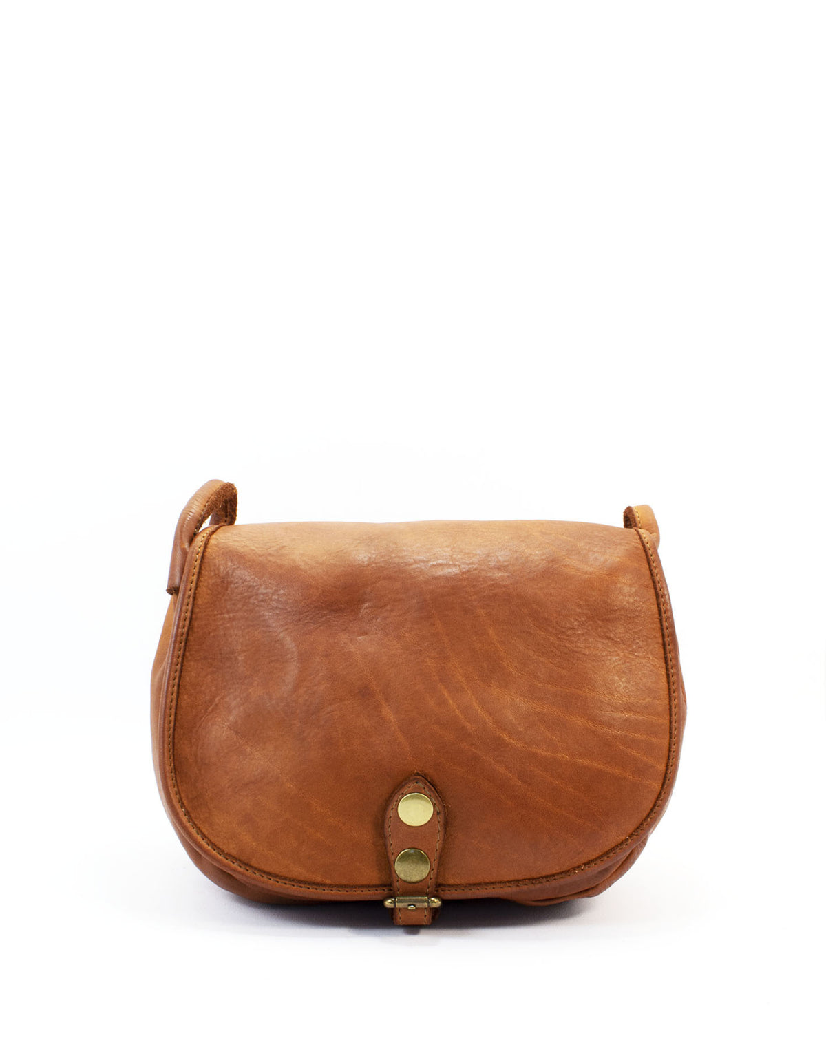 Cognac Crossbody Bag für Damen aus italienischem Kalbsleder mit Klappe und verstellbarem Schulterriemen. Zeitloses Design für den Alltag.	