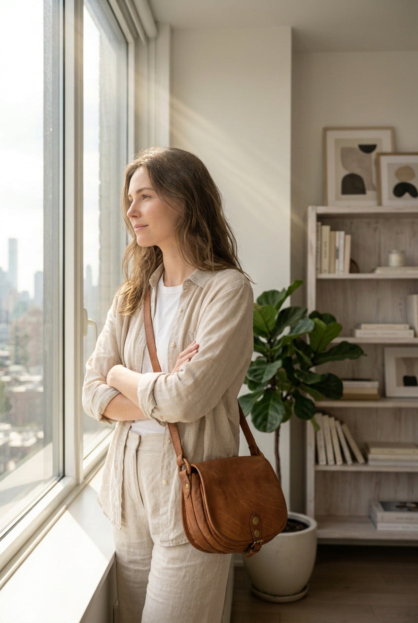 Damen-Crossbody-Bag aus italienischem Leder, quer über dem Oberkörper getragen. Der verstellbare Schulterriemen sorgt für eine flexible Trageweise und freie Hände.	