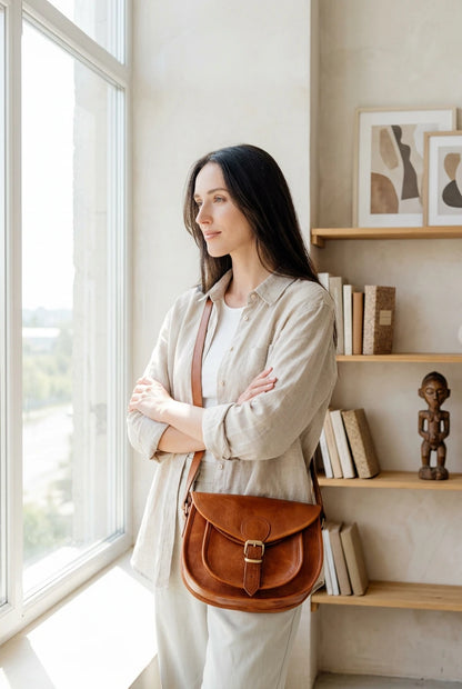Damen-Umhängetasche aus Echtleder, als Crossbody-Tasche getragen, ideal für entspannte Tage in der Stadt.