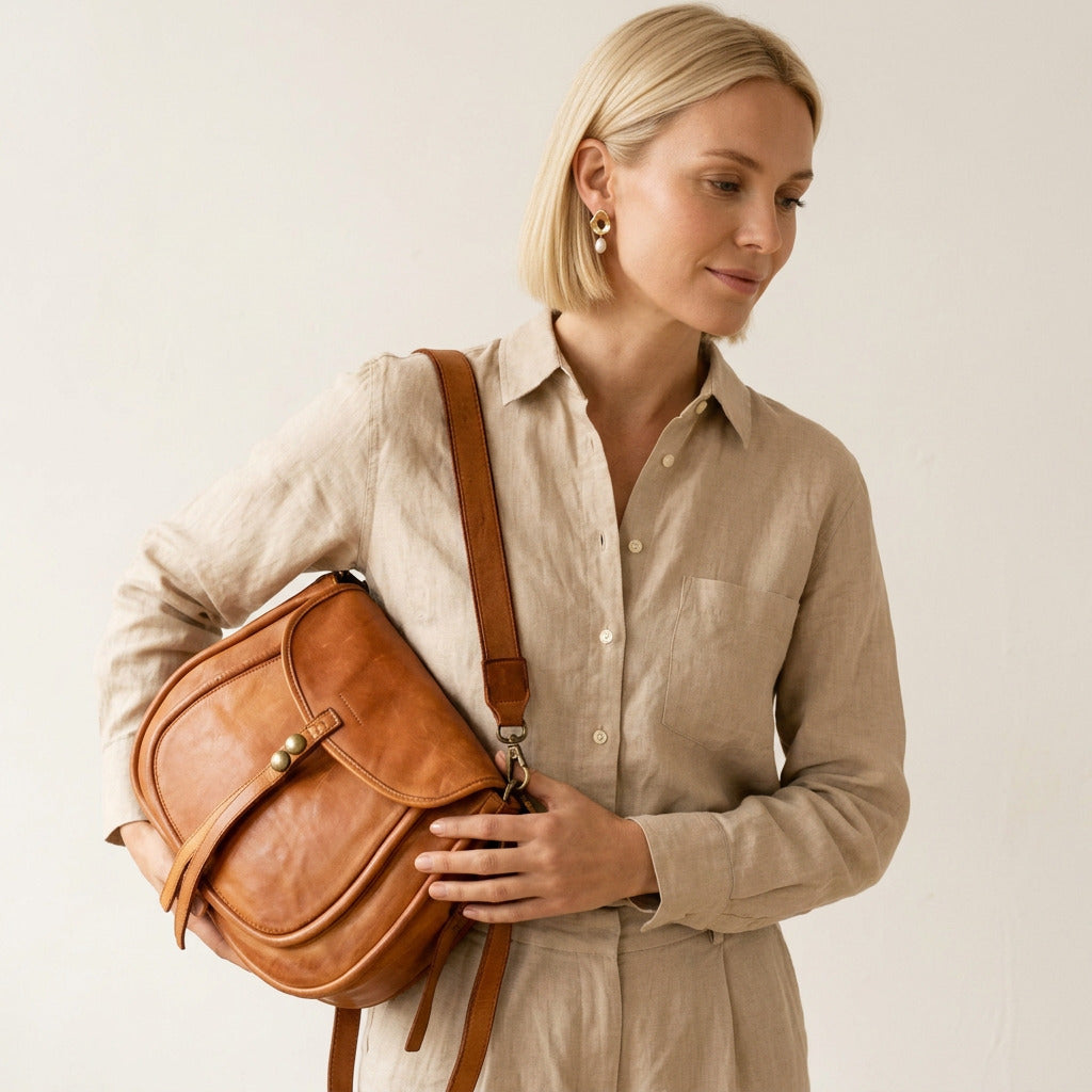 Une femme tient un sac bandoulière pour femme en cuir italien couleur cognac