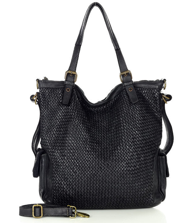 JEANNE WOVEN. Large leather shopper with zip and high handles. Braided  leather