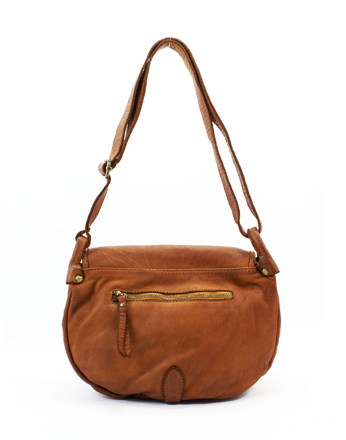 Rückseite einer Damen-Ledertasche mit praktischer Reißverschlusstasche für kleine Gegenstände, die unterwegs schnell griffbereit sein sollen.	