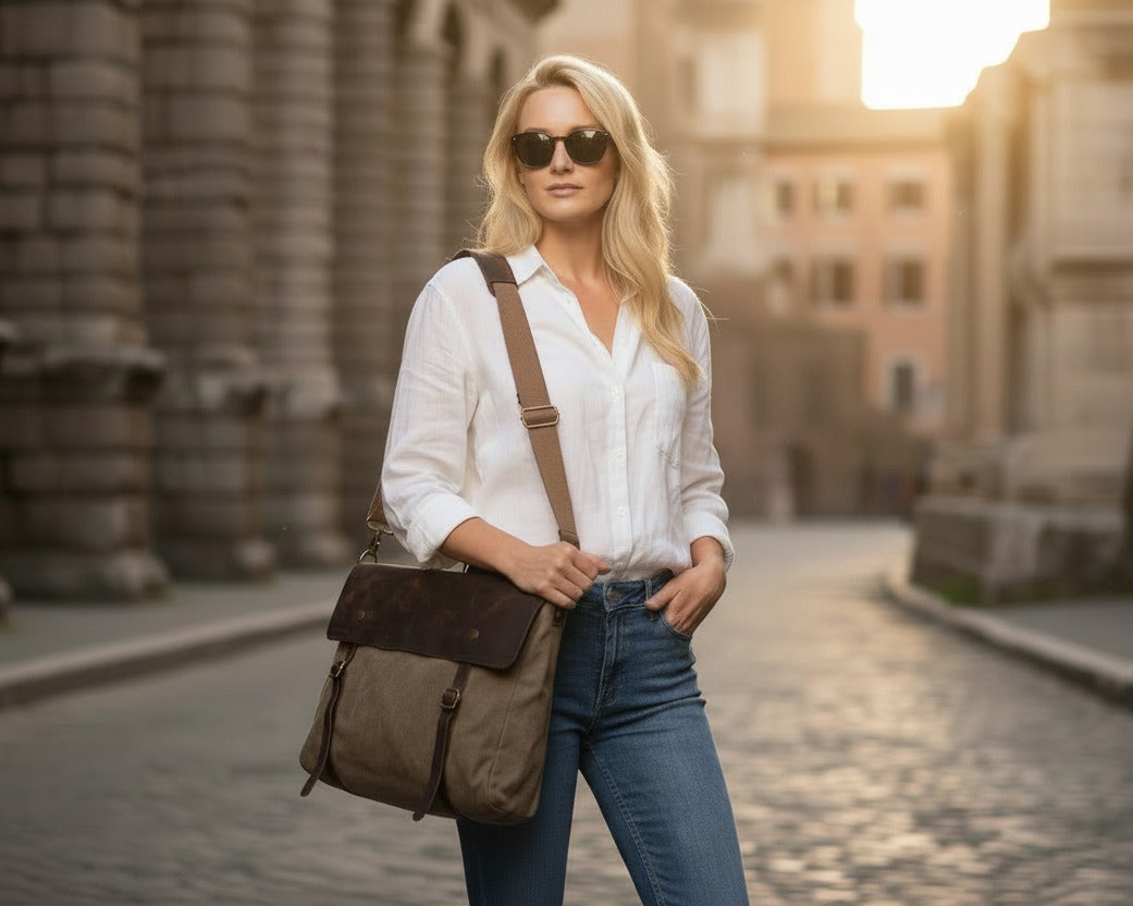 women’s canvas leather shoulder bag brown worn in city everyday urban lifestyle