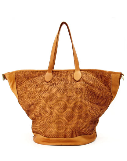 cognac MILANO ● Große Leder Shopper Tasche in Trapezform – Geflochtenes Design & A4 Format Sacktaschen.com