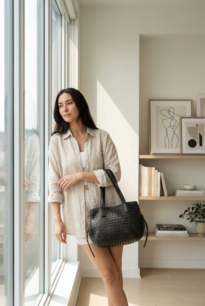 A woman carries a black women's shopper bag made of braided Italian leather with a natural texture and subtle vintage look. The large leather bag complements an elegant everyday outfit.