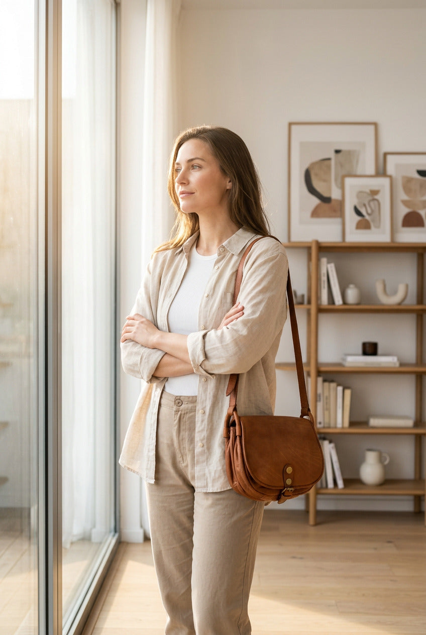 Damen-Umhängetasche aus echtem Leder, bequem über der Schulter getragen. Das kompakte Format passt zu lässigen und eleganten Alltagsoutfits.	
