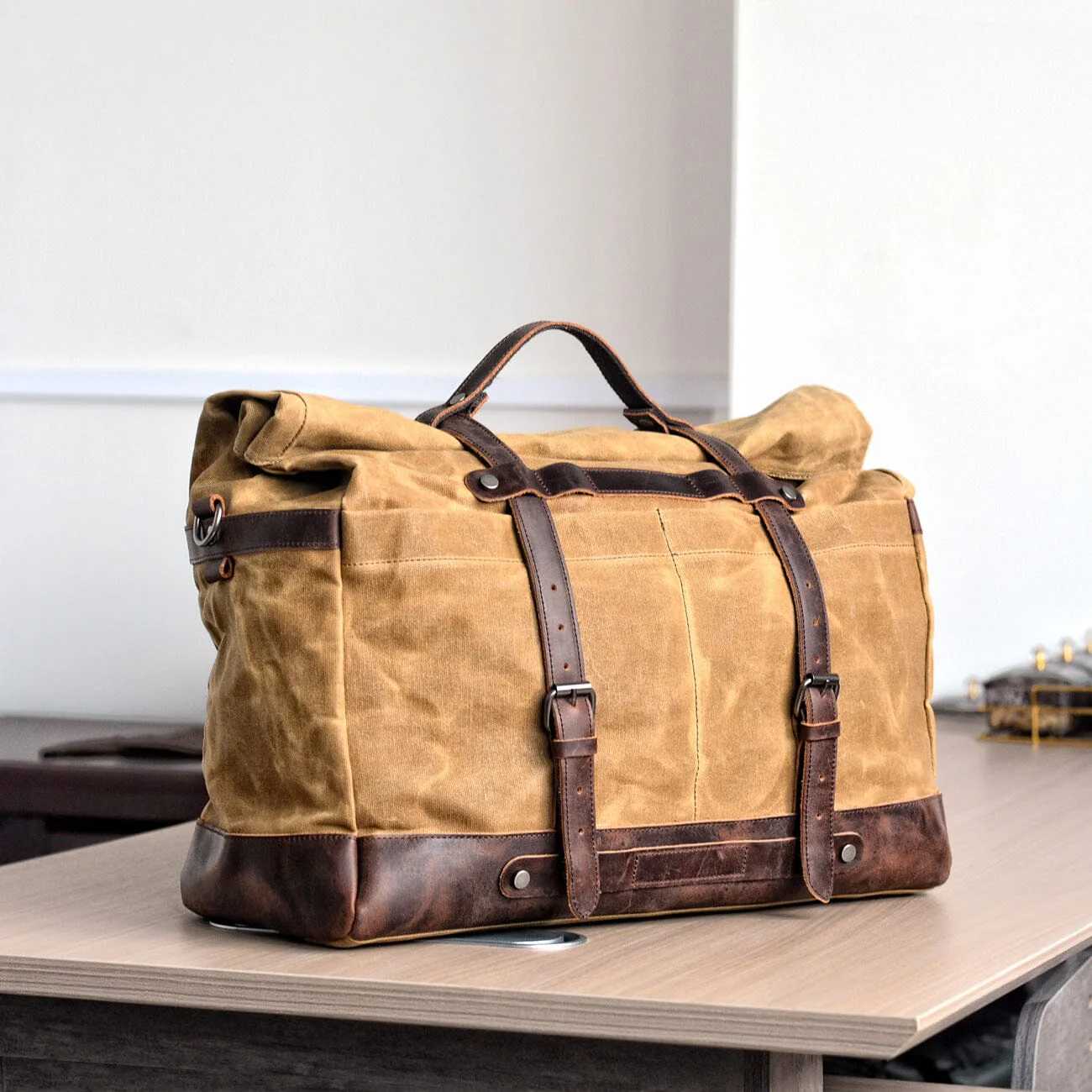 men's / unisex travel duffel bags Duffle Bag Travel Bag Weekender black brown canvas leather for women men. Duffle bag made of waxed canvas & leather – Sacktaschen