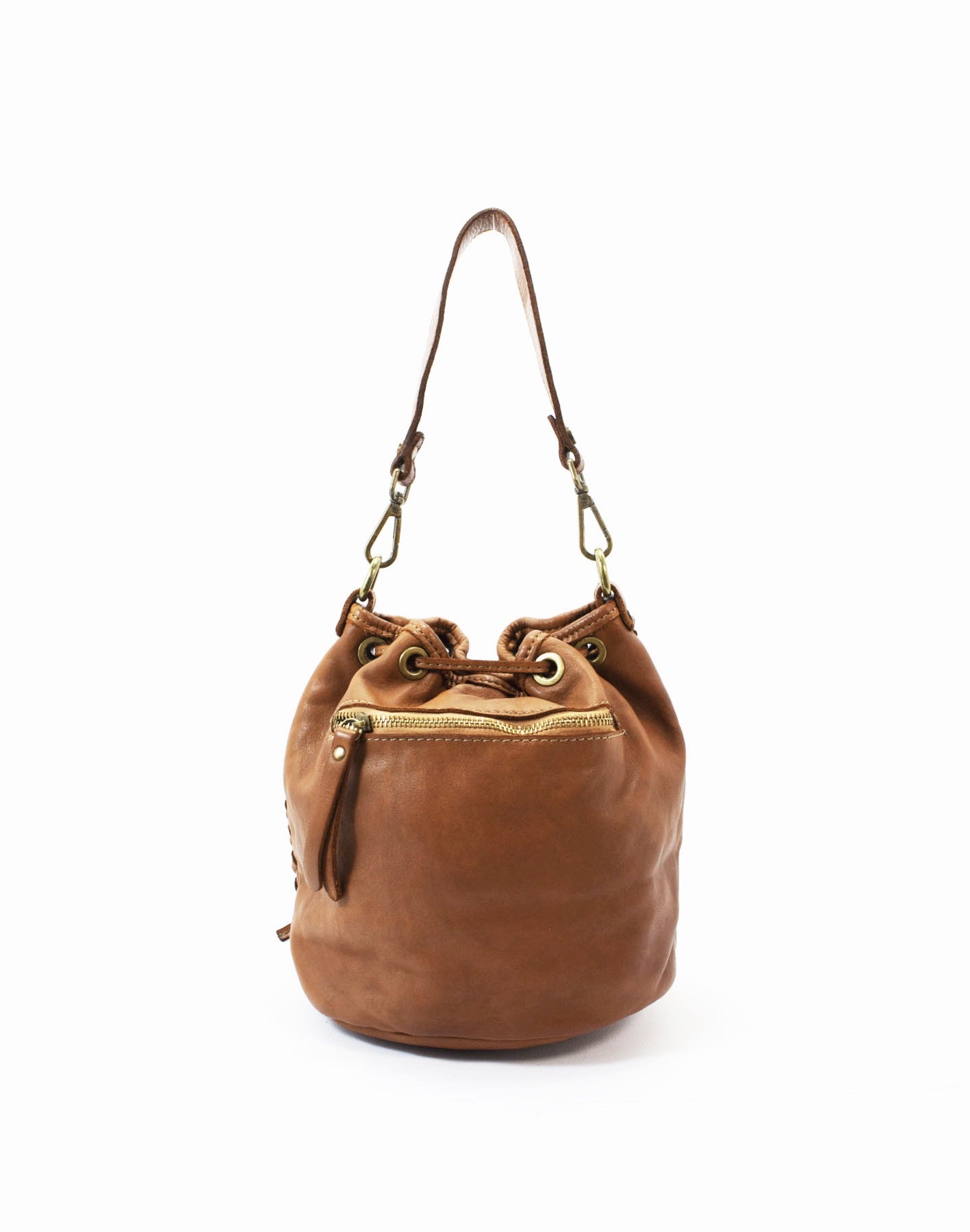 Kleine Leder Eimertasche Damen in cognac aus geflochtenem Echtleder mit Magnetverschluss für elegante Business-Casual-Looks