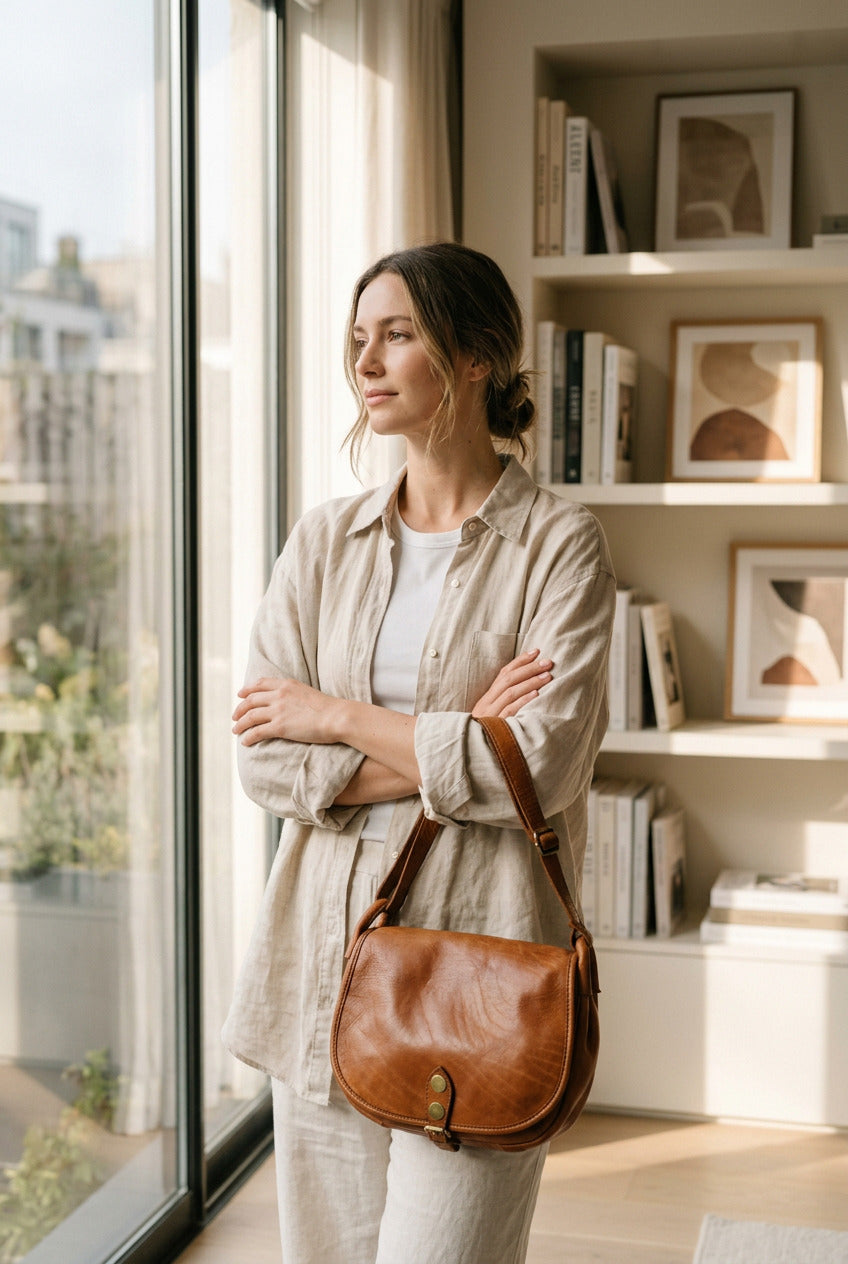 Frau mit cognacfarbener italienischer Leder-Umhängetasche in der Hand, eleganter Alltagslook	