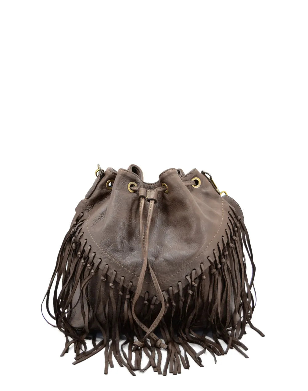 Fransen Bucket Bag FRAZI aus braunem italienischem Kalbsleder – elegante Boho Eimertasche Damen mit handgefertigten Fransen