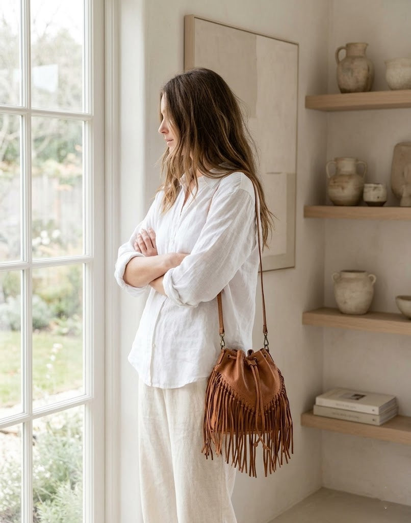 Frau mit FRAZI cognac Fransen Bucket Bag im Boho Outfit – elegante Alltags- und Freizeittasche aus echtem Leder