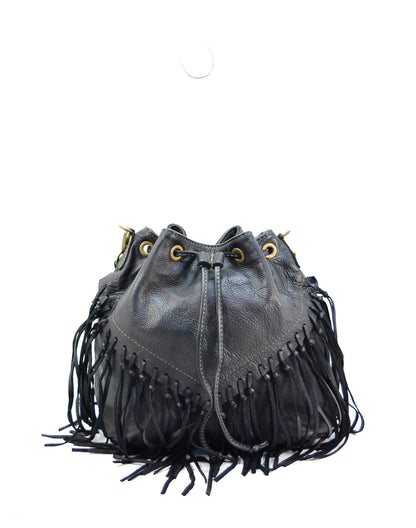 Fransen Bucket Bag FRAZI aus schwarzem italienischem Kalbsleder Vachetta – Vintage Boho Eimertasche Damen mit langen Fransen