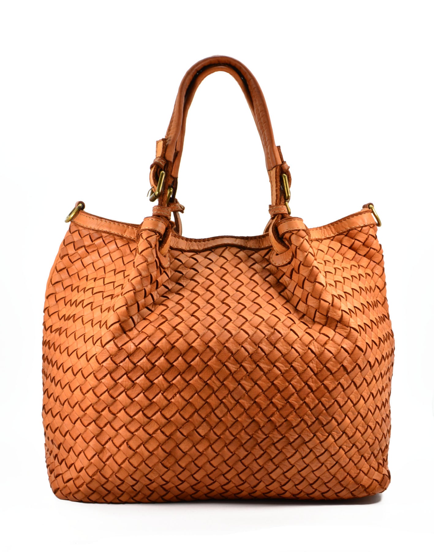 Geflochtene XL Leder-Handtasche im Farbton Cognac mit stabilen Tragegriffen und edler Vintage-Patina.