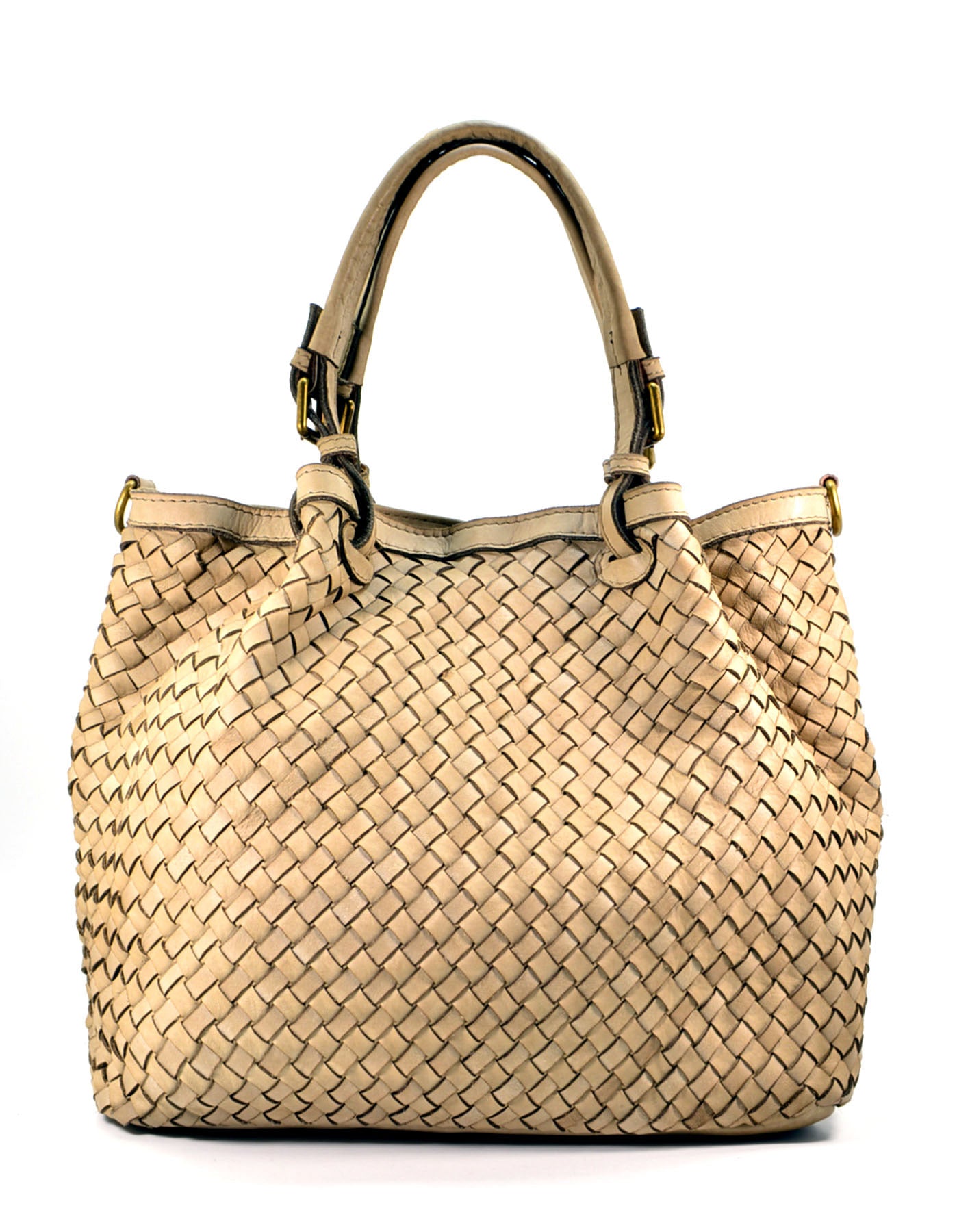 beige-taupe handtasche für Damen aus geflochtenem italienische Leder 