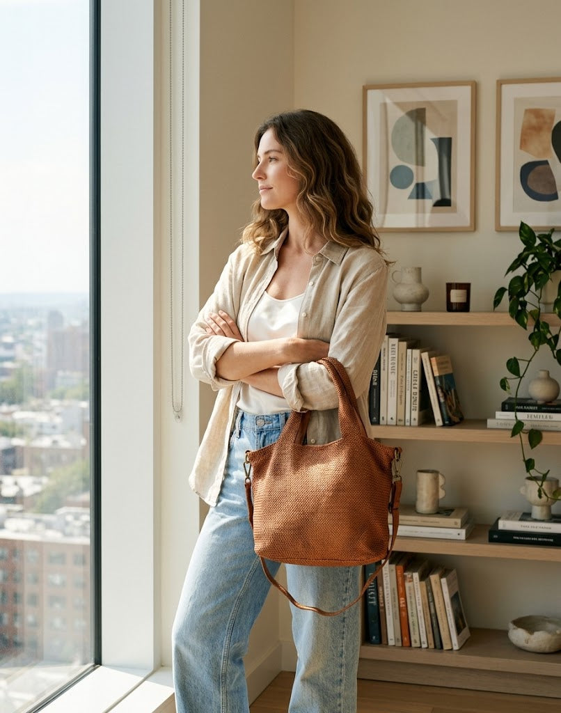 Lifestyle-Foto: Model trägt die geflochtene Leder Shopper Tasche in Cognac braun zu einem eleganten Outfit aus Leinen und Erdtönen