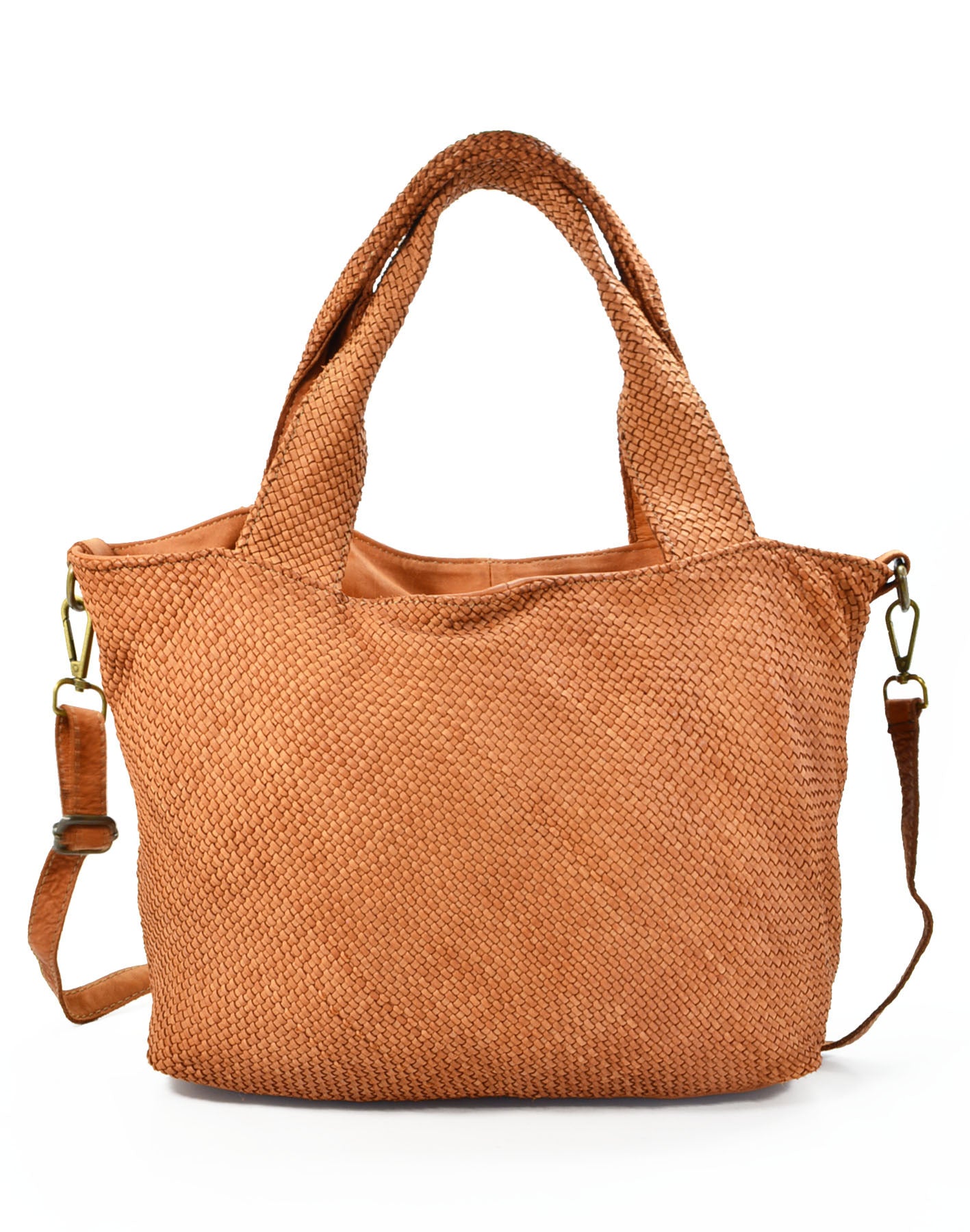 Geflochtene Leder Shopper Tasche aus italienischem Kalbsleder in Cognac-Braun, luxuriöse Hobo Bag mit Reißverschluss für Damen