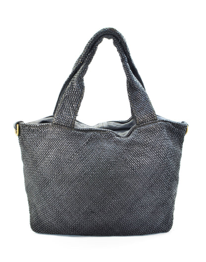 Schwarze geflochtene Leder Shopper Tasche, klassische Hobo Shoulder Bag aus italienischem Kalbsleder für elegante Damen-Outfits