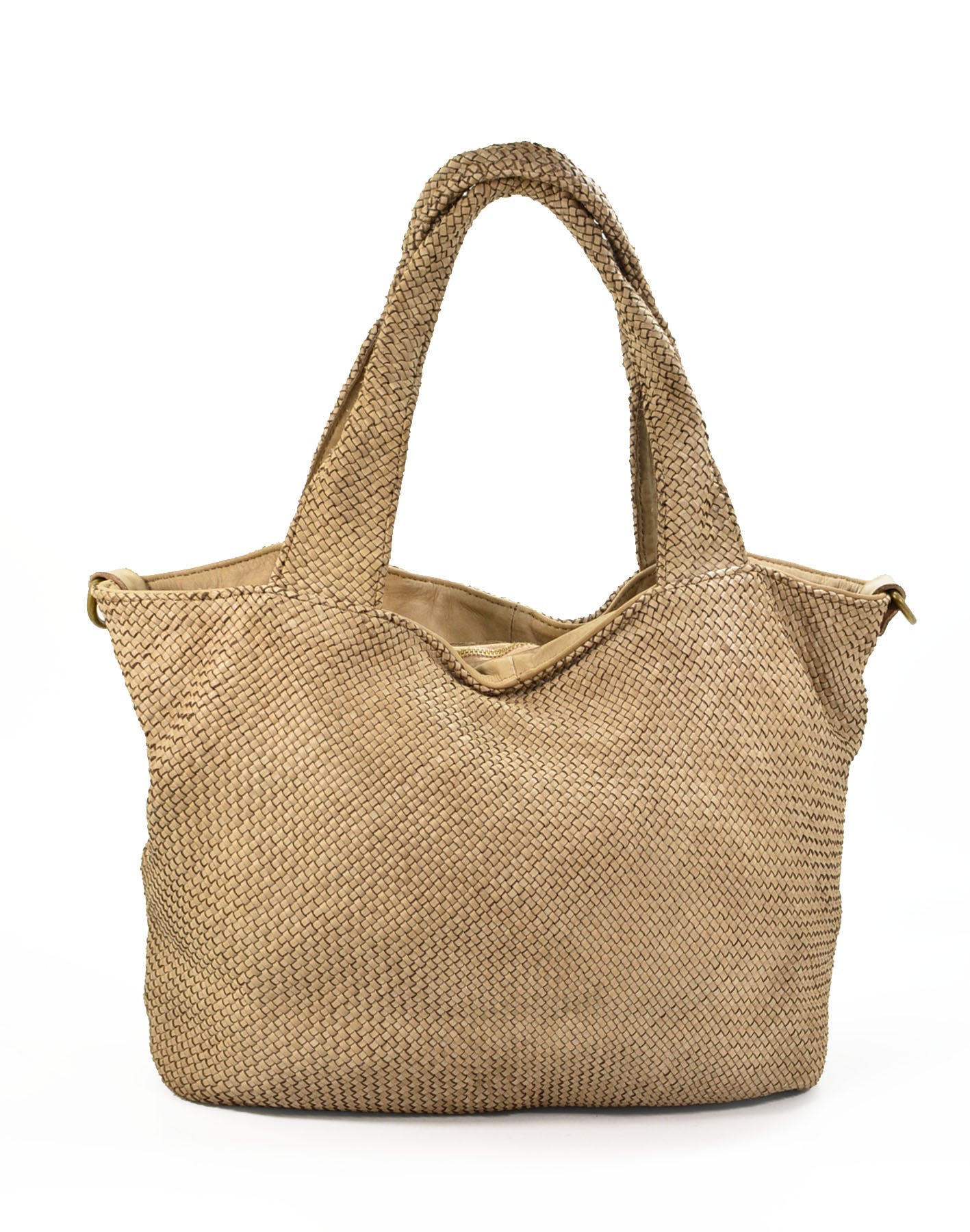 Geflochtene Leder Shopper Tasche in Beige-Taupe, elegante Schultertasche aus echtem italienischen Kalbsleder im minimalistischen Design