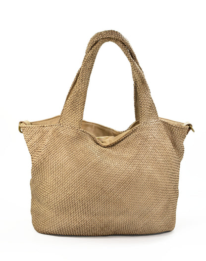 Geflochtene Leder Shopper Tasche in Beige-Taupe, elegante Schultertasche aus echtem italienischen Kalbsleder im minimalistischen Design