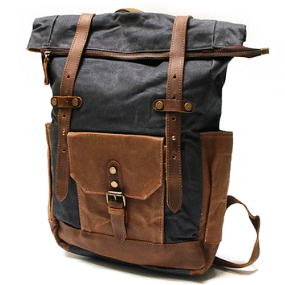 Großer Vintage Rucksack aus gewachstem Canvas und Echtleder in Dunkelgrau für Damen und Herren, Frontansicht im klassischen Heritage-Look mit Echtleder-Riemen