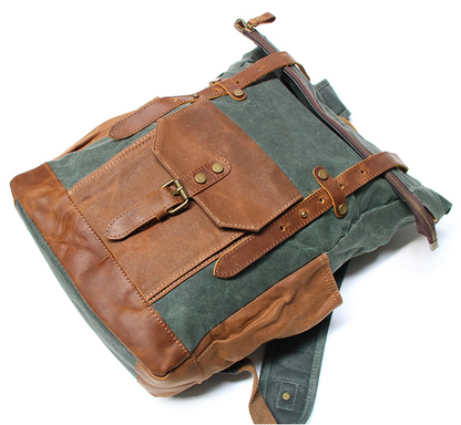 Großer Vintage Rucksack Canvas und Leder in Dunkelgrün Armeegrün kombiniert mit cognacfarbenem Echtleder, wasserabweisender Retro-Rucksack für Outdoor, Business und Freizeit,