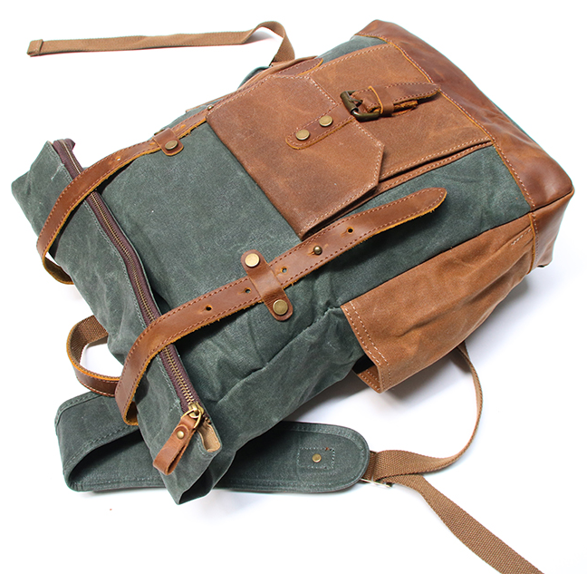 Großer Canvas-Leder-Rucksack , ergonomisch geformte und gepolsterte Schultergurte mit verstärktem Echtleder-Tragegriff, strapazierfähiges gewachstes Canvas-Segeltuch für optimalen Tragekomfort