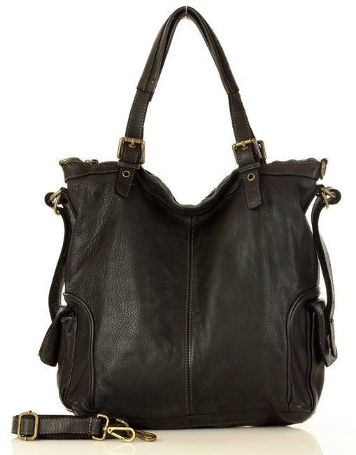 JEANNE. Large leather shopper with zip and high handles