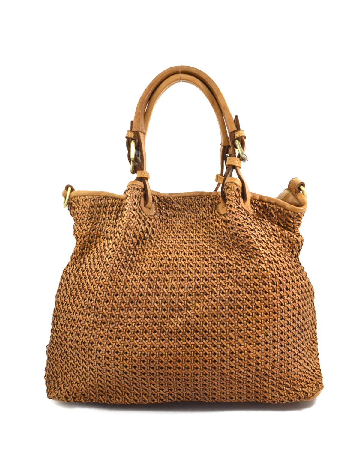 Große geflochtene Lederhandtasche für Damen in Cognac