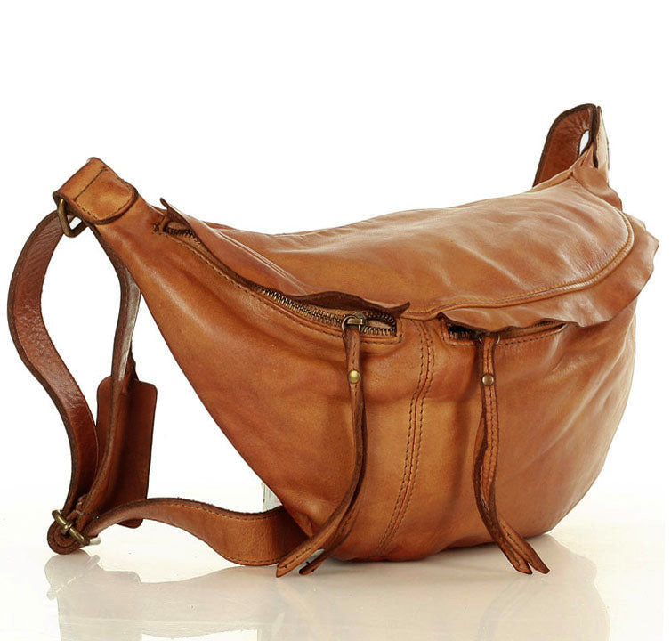 Große Leder Bauchtasche Damen Crossbody in Cognac-Braun, stilvolle XXL Gürteltasche aus weichem Echtleder