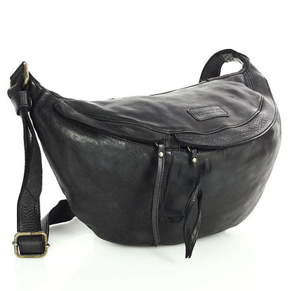 Große LederBauchtasche in Halbmondform für Damen & Herren in Schwarz, klassische Crossbody-bag aus echtem italienischen Leder
