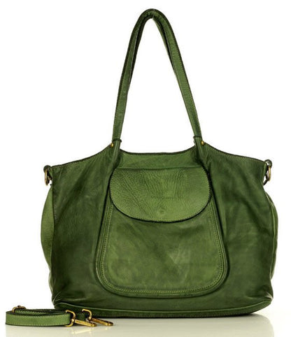 Große Schultertasche Damen Grün aus italienischem Leder hochwertige Verarbeitung Büro