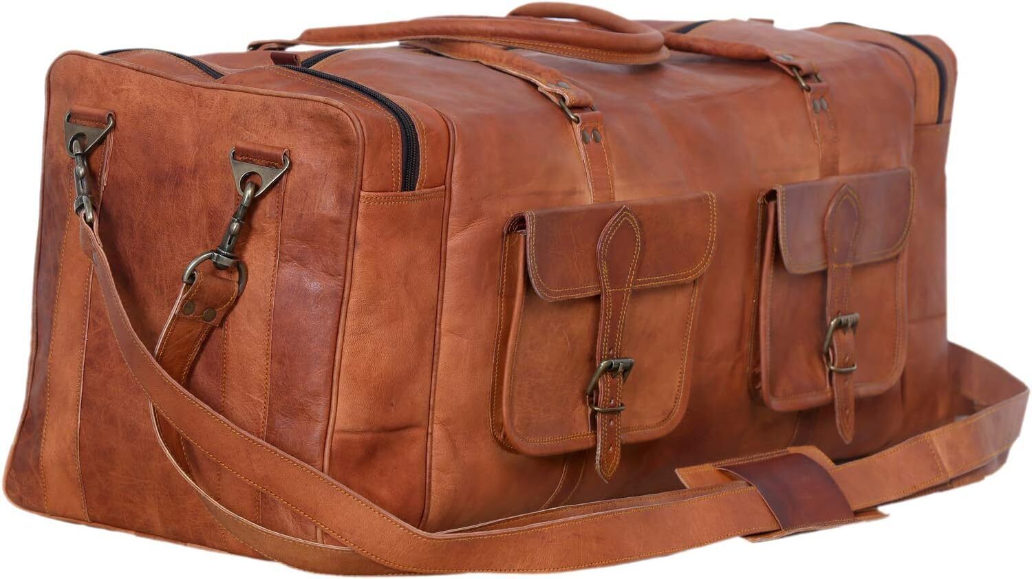 Luxus Leder-Weekender XL für Damen in Braun, Seitenansicht mit geräumigen Reißverschlusstaschen und hochwertigen Metallelementen im antiken Retro-Look.
