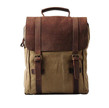 Großer Vintage Rucksack aus robustem Canvas und Echtleder in Khaki für Damen und Herren, Frontansicht im klassischen Heritage-Look mit zwei Echtleder-Riemen