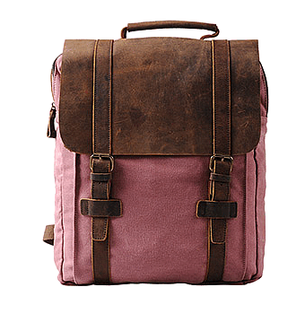 Großer Vintage Rucksack aus robustem Canvas und Echtleder in Rot für Damen und Herren, Frontansicht im klassischen Heritage-Look mit zwei Echtleder-Riemen