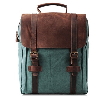 Großer Vintage Rucksack aus robustem Canvas und Echtleder in Türkisgrün  für Damen und Herren, Frontansicht im klassischen Heritage-Look mit zwei Echtleder-Riemen