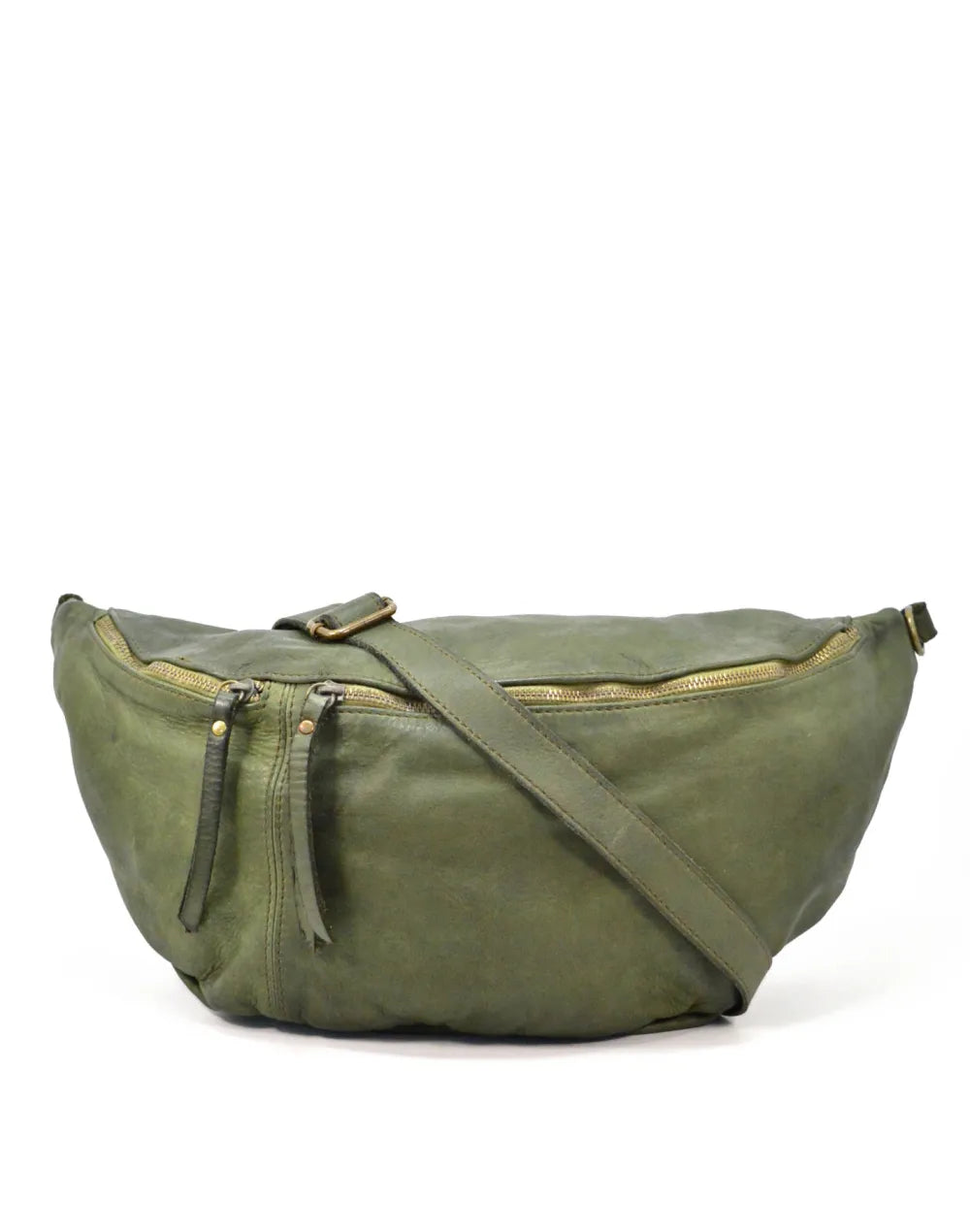 Große Leder Bauchtasche in Halbmondform für Damen & Herren in grün,. Moderne XXL Bananentasche aus genarbtem Echtleder 