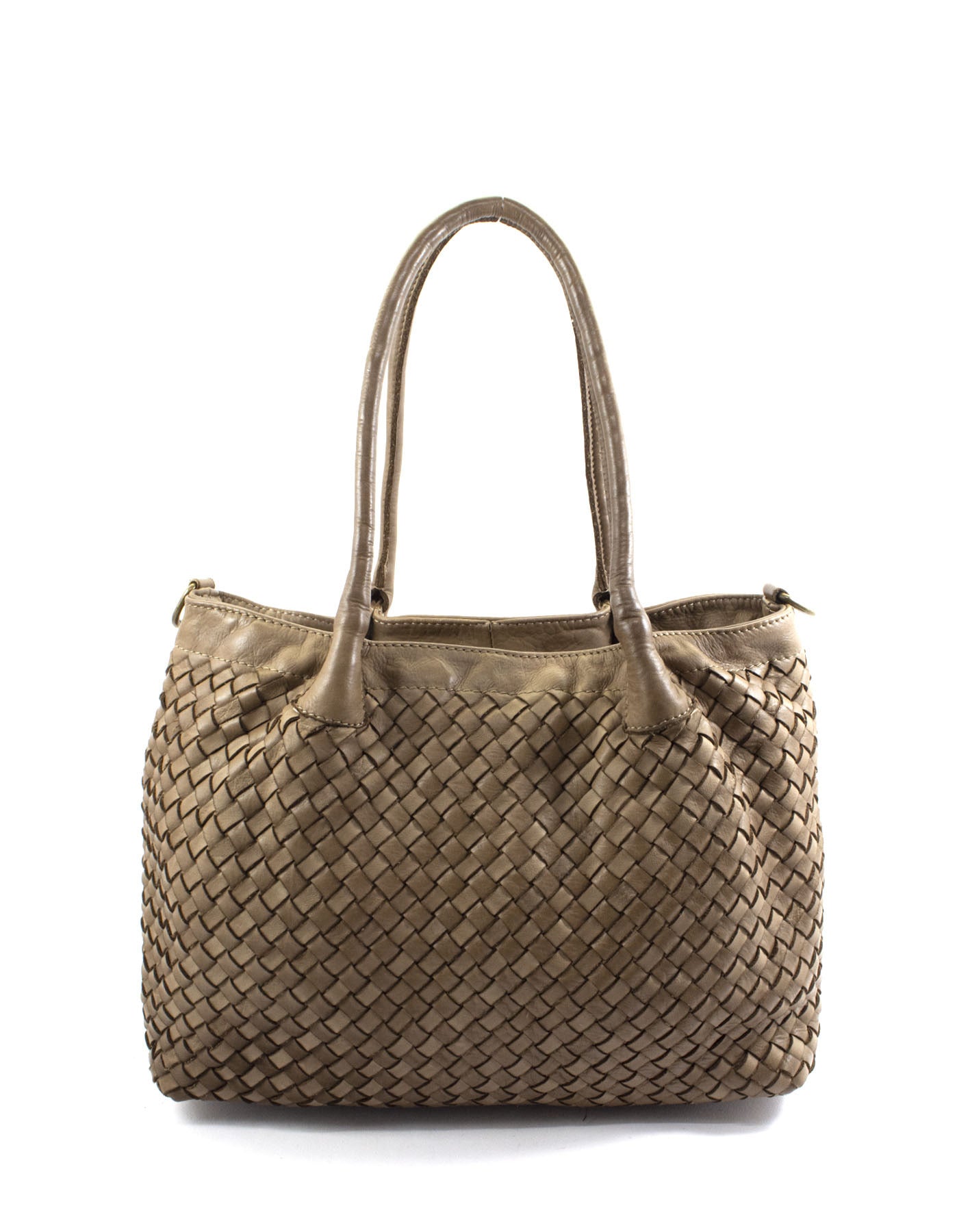 Moderne Henkeltasche geflochten aus Leder in Beige-Gray im minimalistischen Design passend für A4 Ordner und Zeitschriften im Office Alltag