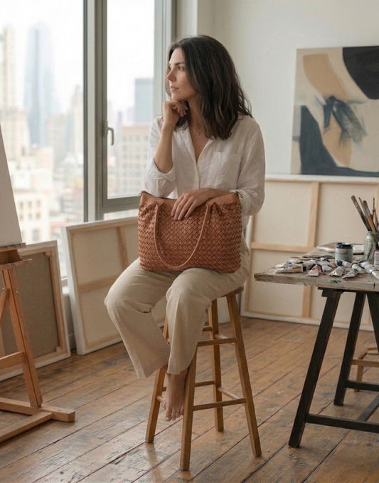 Künstlerisches Lifestyle Foto einer Frau auf einem Hocker im kreativen Atelier die eine cognacfarbene Henkeltasche aus handgeflochtenem Echtleder auf den Knien hält