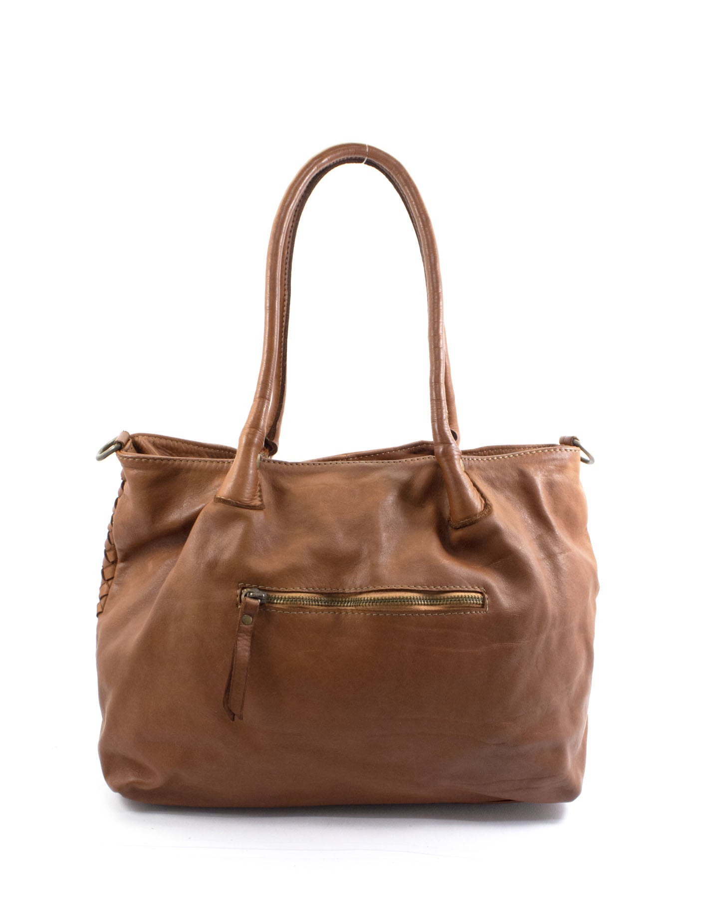 Hochwertige Damen Lederhandtasche geflochten in Cognac von hinten mit sichtbarem Sicherheits Reißverschluss am Hauptfach für A4 Dokumente