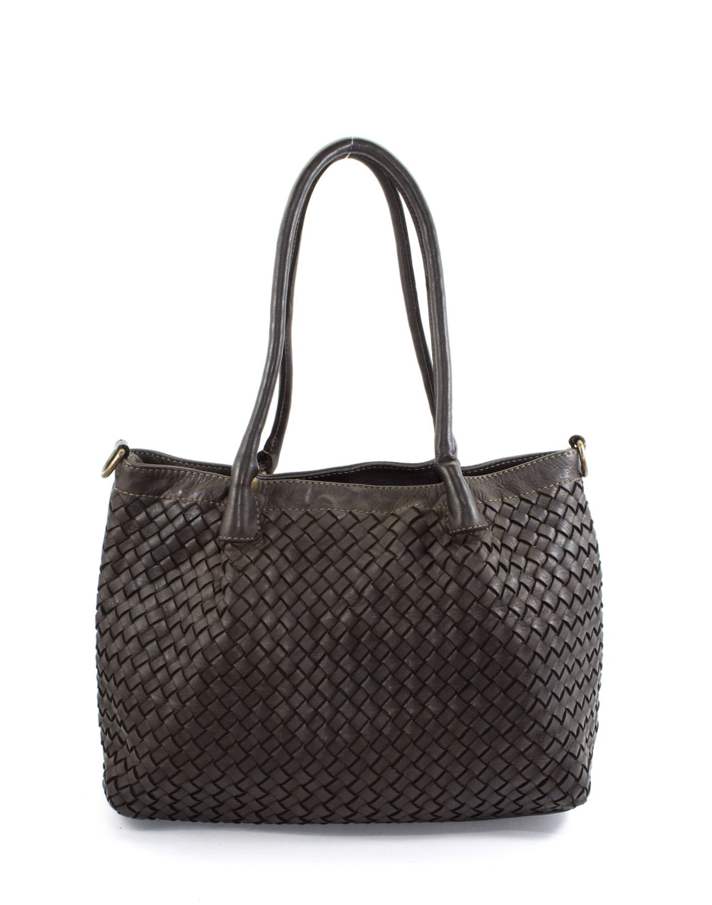 Dunkelbraune Henkeltasche aus geflochtenem Echtleder im Farbton Kaffee mit edler Vintage Waschung und stabilen Griffen für den anspruchsvollen Look