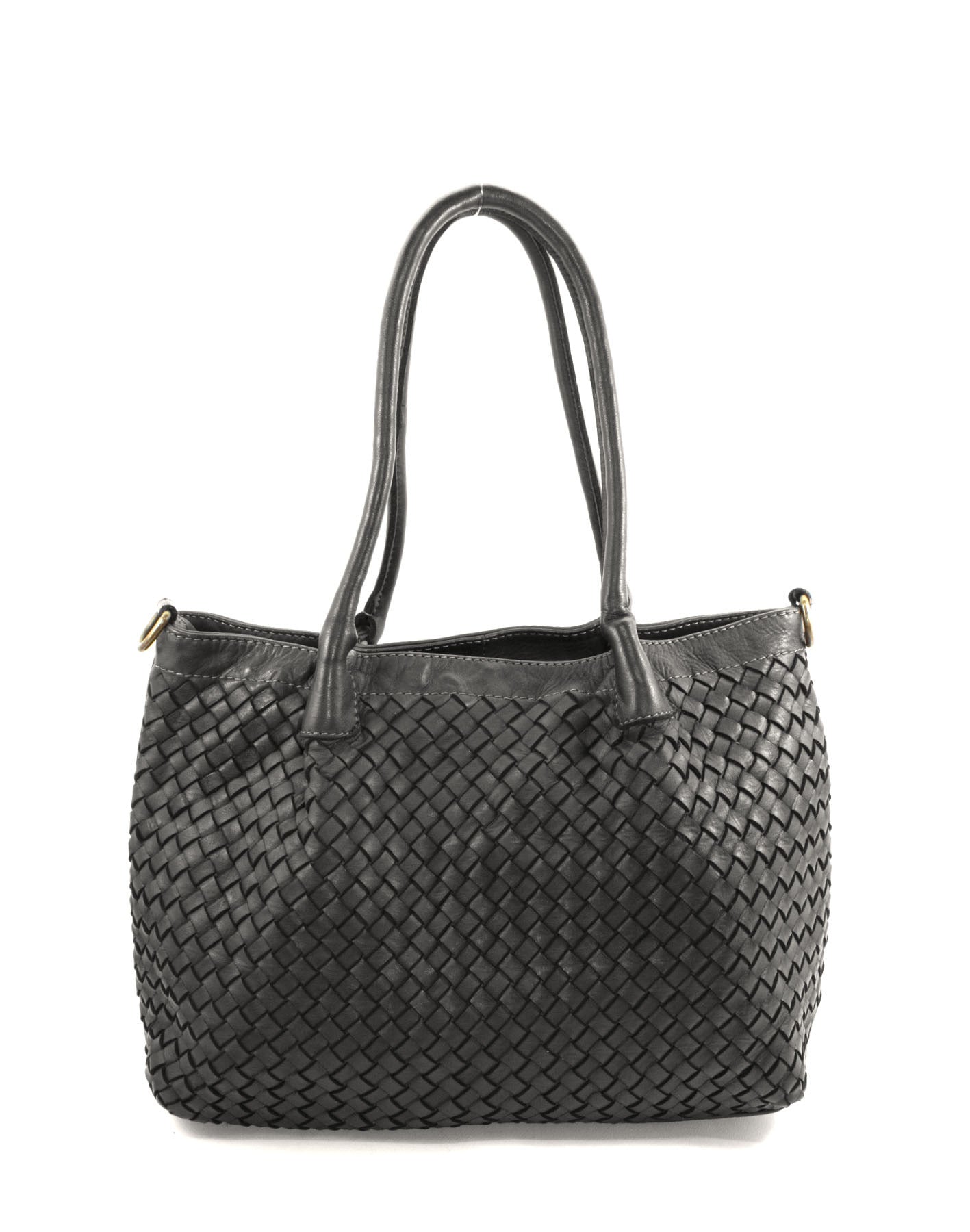 Klassische schwarze Henkeltasche aus gewaschenem Kalbsleder mit handgeflochtener Oberfläche und verstellbaren Trageriemen als lujuriöses Accessoire