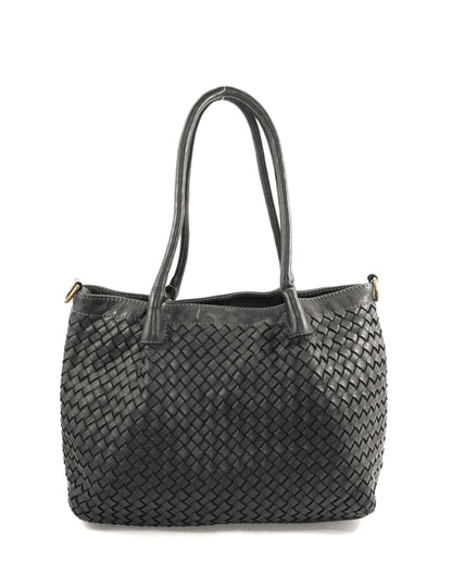 Klassische schwarze Henkeltasche aus gewaschenem Kalbsleder mit handgeflochtener Oberfläche und verstellbaren Trageriemen als lujuriöses Accessoire
