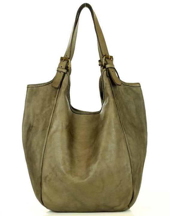 HOBO● Large ladies pouch bag made from Italian leather. Two-compartment bag Beige-Taupe