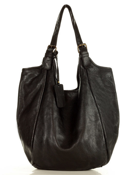 HOBO● Large ladies pouch bag made from Italian leather. Two-compartment bag black