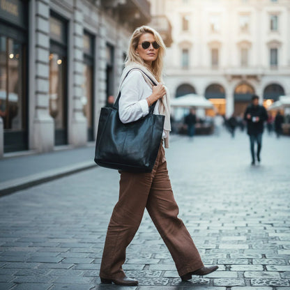 Eine elegant gekleidete Frau in der Stadt trägt die große schwarz echtleder Beuteltasche im Hobo-Stil lässig über der Schulter als stilvolle Business-Tasche fürs Büro.