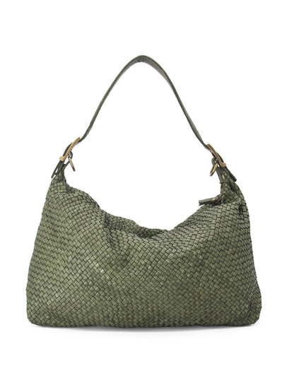 Große Damen-Schultertasche MONERA HOBO XL aus geflochtenem Echtleder in Grün