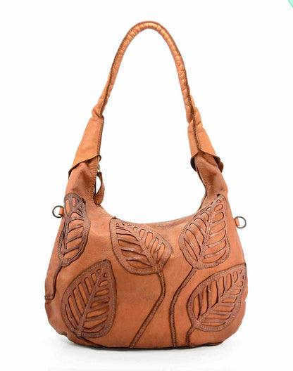 cognac FLORI HOBO● Damen Schultertasche aus italienischem Leder mit aufgenähtem Blumenmotiv. Sacktaschen.com